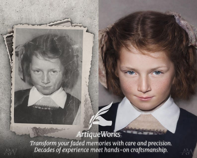 Before-and-after examples of expert photo restoration, enhancement, and colorization — restoring old photos, repairing damage, improving photo quality, and showcasing advanced photo repair.