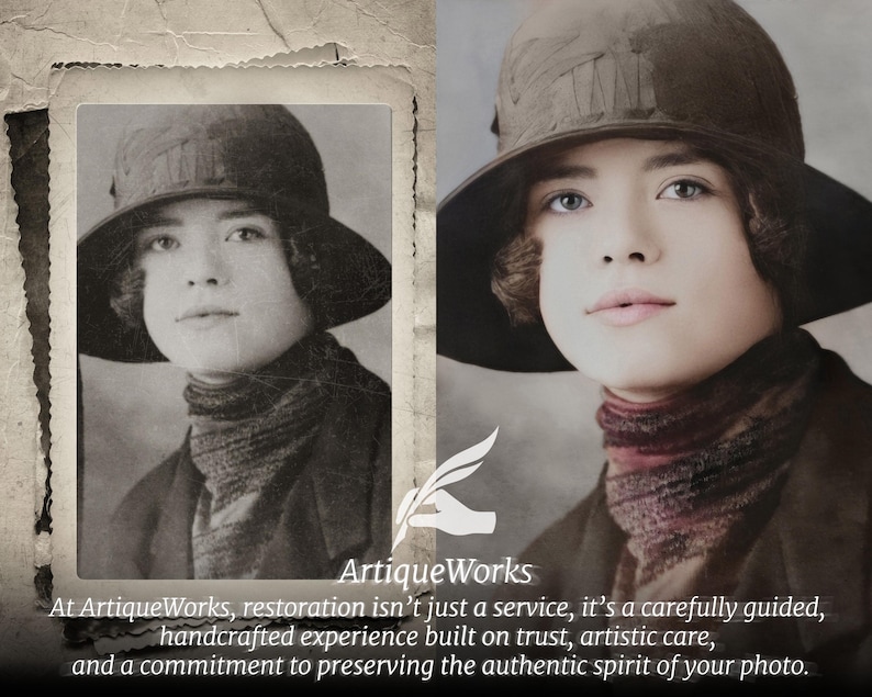 Before-and-after examples of expert photo restoration, enhancement, and colorization — restoring old photos, repairing damage, improving photo quality, and showcasing advanced photo repair.