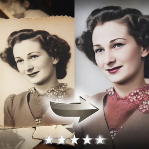 May include: A black and white photo of a woman with dark hair styled in a 1940s updo. The photo has been colorized, showing the woman wearing a red and white patterned blouse.