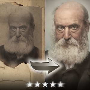 May include: A black and white photo of a man with a long white beard. The photo has been colorized, giving the man a warm, natural skin tone. The photo is slightly damaged around the edges.