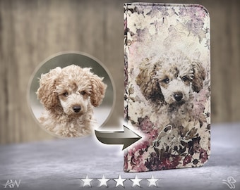 Custom Pet Illustrated Folio Wallet Case, Vintage Design, Vegan, Phone Case, Gift, Pet Lover, Hand Drawn Pet Portrait, Animal Illustration