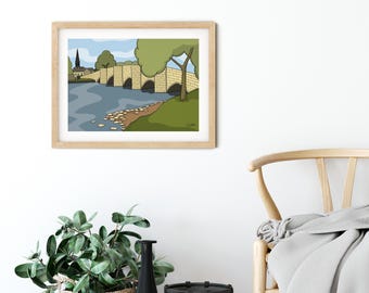 Bakewell Bridge A4 Art Print – Unframed | Illustrated Derbyshire Landmark | Peak District Wall Art | Handmade Travel Gift