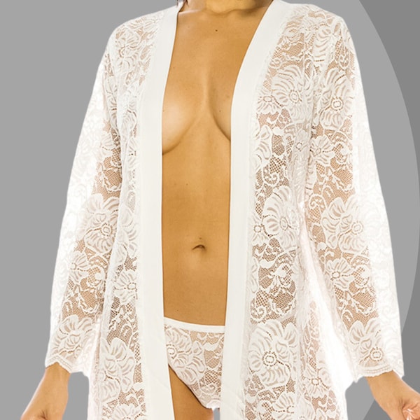 See Through Robe, Bridal Robe, gifts for her, sheer robe, Womens robe Lingerie, gift for bride, White Robe Set, Floral Robe, Womens gifts