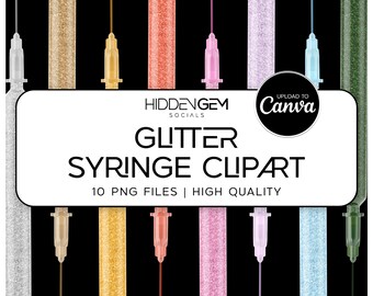 CLIPART DE SERINGA DE GLITTER, clipart de agulha, clipart de praticante de estética, clipart de injeção, elementos de design glam