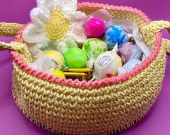 Crochet Easter Basket,  Yellow Basket, Spring Basket. Diameter 9 1/2". Items in basket for display only.
