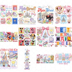 以下が含まれることがあります： 漫画のキャラクター、お城、そして「Meet Me On Main Street」の文字が描かれた、カラフルなステッカーとデザインのコレクション。 デザインには観覧車、電車、様々な食べ物の画像が含まれています。 ピンク、青、黄色を基調とした色使いです。
