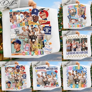 May include: White tote bag featuring a collage of images and text from the movie "The Sandlot." The design includes baseball imagery, character portraits, and the phrase "Legends Never Die."
