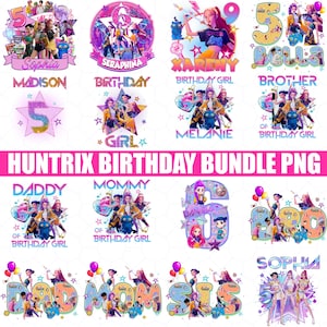 May include: A collection of colorful digital designs featuring birthday themes. The designs include text such as "Sophia", "Madison", "Seraphina", "Xareny", "Bella", "Brother", "Girl", "Melanie", "Daddy", "Mommy", "Danie", and "Sis". The designs are in a PNG format.