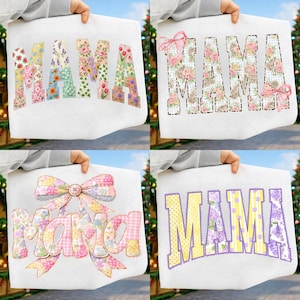 May include: Four white tote bags are shown, each with the word "MAMA" in a floral design. The letters are filled with patterns like flowers, stripes, and polka dots. Each bag has a decorative bow, adding a touch of elegance.