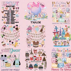 May include: A collection of colorful travel-themed illustrations with Disney characters and landmarks. The designs include text such as "EPCOT World Tour," "Here for the Drinks," and "Around the World!" on a pink background.
