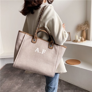 Personalised Tote Bag Canvas Grey Pink White Chain Handbag 