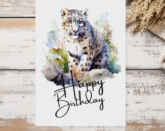 Snow Leopard Birthday Card Printable | 5x7 Alpine Mountain Print Wildlife | Instant Download Snow Leopard Art | Watercolor Snow Leopard Gift