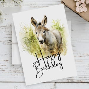 Biglietto di auguri di compleanno a forma di asino stampabile / Stampa di prateria 5x7 / Download immediato di arte asino / Regalo a forma di asino ad acquerello / Disegno di asino della fauna selvatica