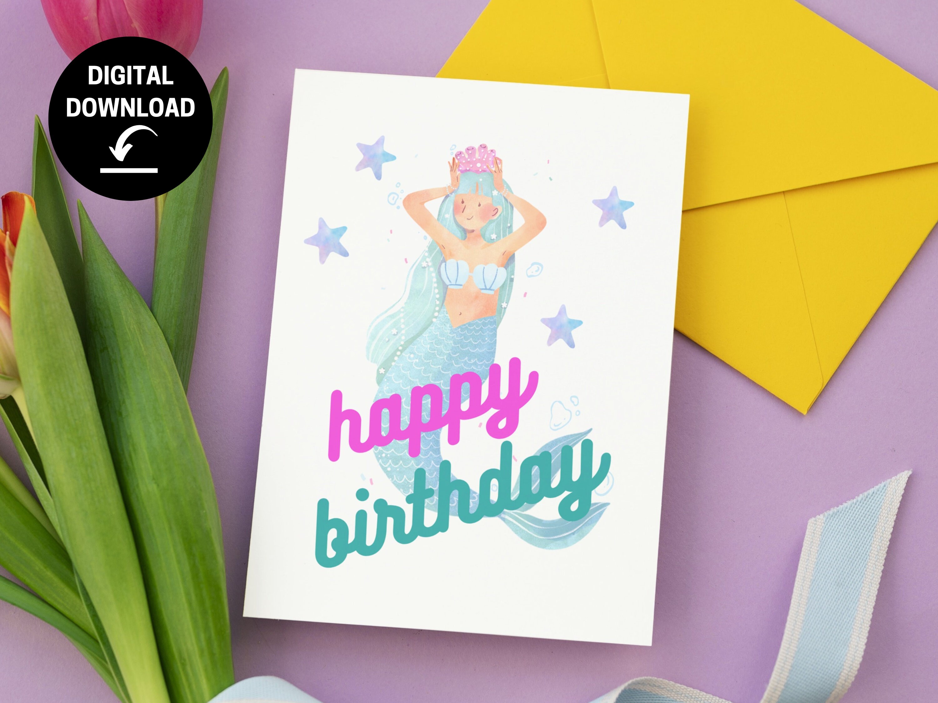 Printable Mermaid Birthday Card 5x7 Ocean Inspired Gift for - Etsy