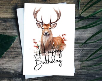 Printable Deer Birthday Card | 5x7 Winter Landscape | Instant Download Deer Art | Wildlife Holiday Gift | Cute Deer Printable Card