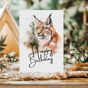 Printable Luchs Geburtstagskarte | 5x7 Wildkatzendruck Natur | Sofortiger Download Lynx Kunst | Aquarell Luchs Grußkarte | Wildtier Zeichnung