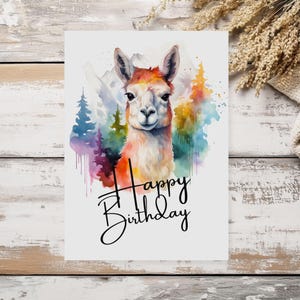 Llama Birthday Card Printable | 5x7 Mountain Llama Print | Instant Download Llama Art | Watercolor Llama Gift | Wildlife Greeting