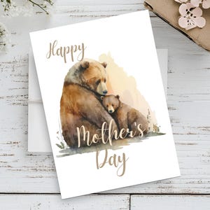 Tarjeta imprimible para el Día de la Madre con un oso pardo / Impresión de 5x7 para mamá osa / Descarga digital / Regalo de oso pardo en acuarela para mamá / Tarjeta con un oso
