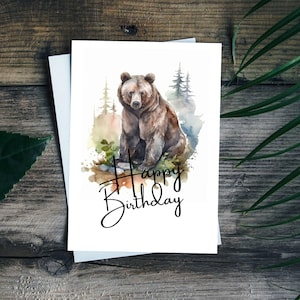 Carte d'anniversaire imprimable ours | Impression instantanée de carte de voeux Grizzly 5 x 7 | Art aquarelle ours brun | Dessin animalier | Cadeau Grizzly