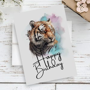 Carte d'anniversaire numérique Tigre 5 x 7 | Carte de voeux imprimable de la faune aquarelle | Carte d'anniversaire Wildcat pour adultes ou enfants | Impression d'art tigre
