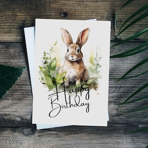 Printable Rabbit Birthday Card | 5x7 Woodland Print | Instant Download Rabbit Art | Watercolor Rabbit Gift | Wildlife Drawing