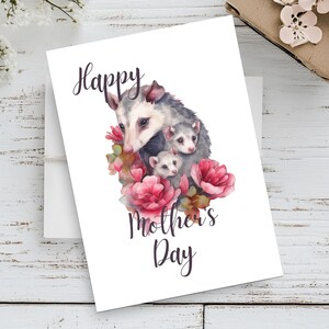 Fête des mères imprimable Opossum | Imprimé floral 5 x 7 | Opossum à téléchargement immédiat | Opossum aquarelle pour maman | Dessin animalier