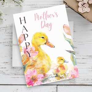 Druckbare Muttertagskarte | 5x7 Aquarell Druck | Sofortiger Download Enten Kunst | Enten und Entlein Geschenk für Mama | Florale Zeichnung