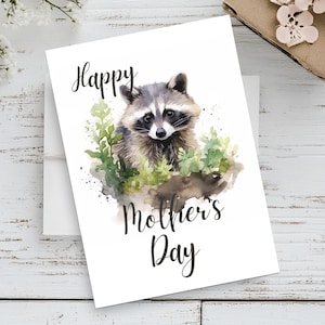 Carte imprimable Fête des mères raton laveur | Impression bois 5 x 7 | Illustration de raton laveur à téléchargement immédiat | Cadeau aquarelle de raton laveur pour maman | Dessin animalier