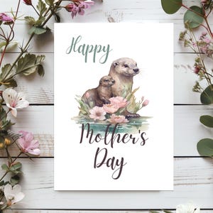 Tarjeta imprimible para el Día de la Madre con una nutria / Impresión de paisaje de lago de 5x7 / Arte de nutria de descarga instantánea / Regalo de nutria en acuarela para mamá / Dibujo de vida silvestre