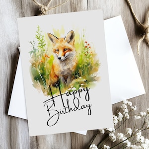 Printable Fox Birthday Card | 5x7 Spring Landscape Print | Instant Download Red Fox Art | Watercolor Fox Gift | Wildlife Drawing