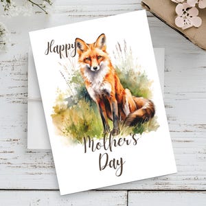 Afdrukbare Fox-moederdagkaart | 5 x 7 Wildlife natuurprint | Fox Art direct downloaden | Aquarel vos cadeau voor moeder | Vostekening