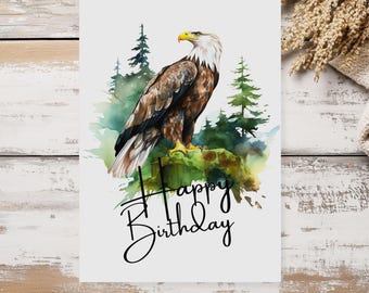 Printable Eagle Birthday Card | 5x7 Forest Landscape Print | Instant Download Eagle Art | Watercolor Eagle Gift | Wildlife Drawing