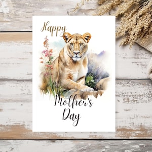Fête des mères lionne imprimable | Impression 5 x 7 Afrique | Art de la lionne à téléchargement immédiat | Cadeau lion aquarelle pour maman | Dessin animalier