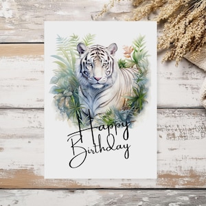 Carte d'anniversaire tigre blanc | Carte de voeux imprimable chat sauvage 5 x 7 pour les amateurs de tigre | Carte numérique à téléchargement immédiat | Cadeau tigre blanc
