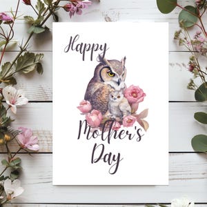 Carte de fête des mères hibou à imprimer | Impression florale hibou 5 x 7 | Illustration de hibou à téléchargement immédiat | Cadeau chouette aquarelle pour maman | Dessin animalier