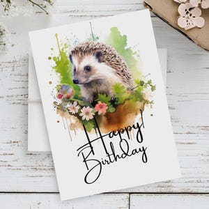 Cartão de aniversário de ouriço para imprimir | Impressão de jardim 5x7 | Download instantâneo de arte de ouriço | Presente de ouriço em aquarela | Desenho de vida selvagem