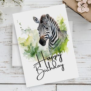 Biglietto di auguri di compleanno zebra stampabile / Stampa Savannah 5x7 / Download immediato Arte safari / Regalo zebra acquerello / Disegno della fauna selvatica