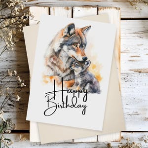 Biglietto di auguri di compleanno con lupo stampabile / Stampa lupo 5x7 / Download immediato di arte del lupo / Regalo di lupo ad acquerello per la mamma / Disegno di fauna selvatica lupo con pub