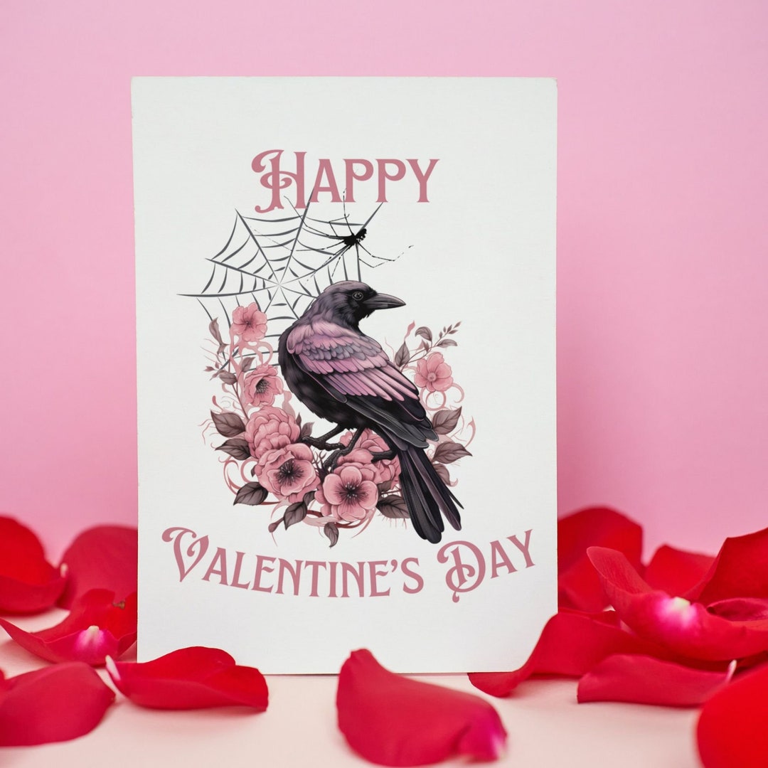 Printable Gothic Raven Valentine's Card. Romantic Gothic Gift. Floral
