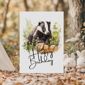Biglietto di auguri di compleanno con tasso stampabile / Stampa di paesaggio boschivo 5x7 / Download immediato di arte con tasso / Regalo con tasso ad acquerello / Disegno di fauna selvatica