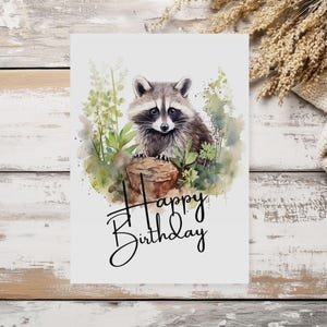 Biglietto di auguri di compleanno con procione stampabile / Stampa del bosco 5x7 / Download immediato di arte del procione / Regalo con procione ad acquerello / Disegno di animali selvatici
