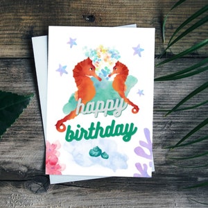 Carte d'anniversaire imprimable hippocampe pour enfants carte imprimable hippocampe océan récif de corail cadeau d'anniversaire pour enfants anniversaire maritime impression hippocampe