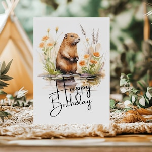 Biglietto di auguri di compleanno con castoro stampabile / Stampa di paesaggio fluviale 5x7 / Download immediato di arte del castoro / Regalo di castoro ad acquerello / Disegno di fauna selvatica