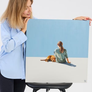 Woman and Dog Oil Painting on Canvas: Minimalist Square Art, 24x24