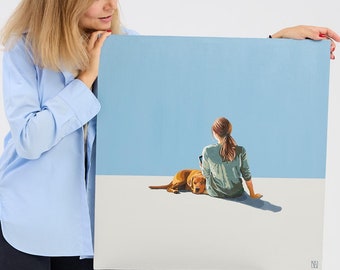 Frau und Hund Ölgemälde auf Leinwand: Minimalistische quadratische Kunst, 24x24