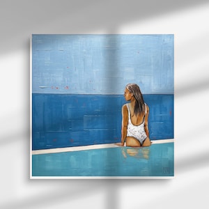 Minimalist Swimming Pool Oil Painting: Original Square Canvas Wall Art
