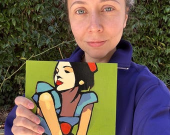 Kleine Clown Frau Original Acrylbild 8 x 8 zoll zeitgenössische figurative Kunst, minimalistische moderne Malerei Bunt