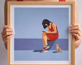 Frau Minimalistische Malerei Original mit Hund - 40x40cmWarten während Sie Blättern, Modernes Leben Wandkunst