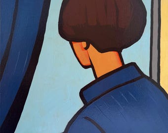 Minimalistische Kunst, Frau am Fenster, Original Acryl Gemälde 16 Zoll: , Moderne Kunst blau