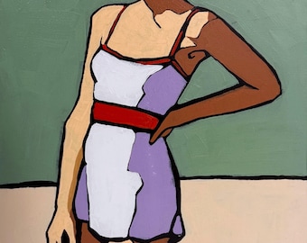 Strandgemälde einer Frau im Badeanzug - impressionistische bunte Kunst, Wanddekoration, perfektes Geschenk für Kunst- und Strandliebhaber 30 x 30 cm by Artofeggio